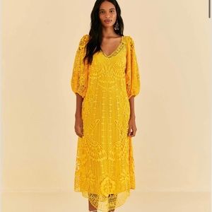 FARM Rio Yellow Guipure Midi Dress